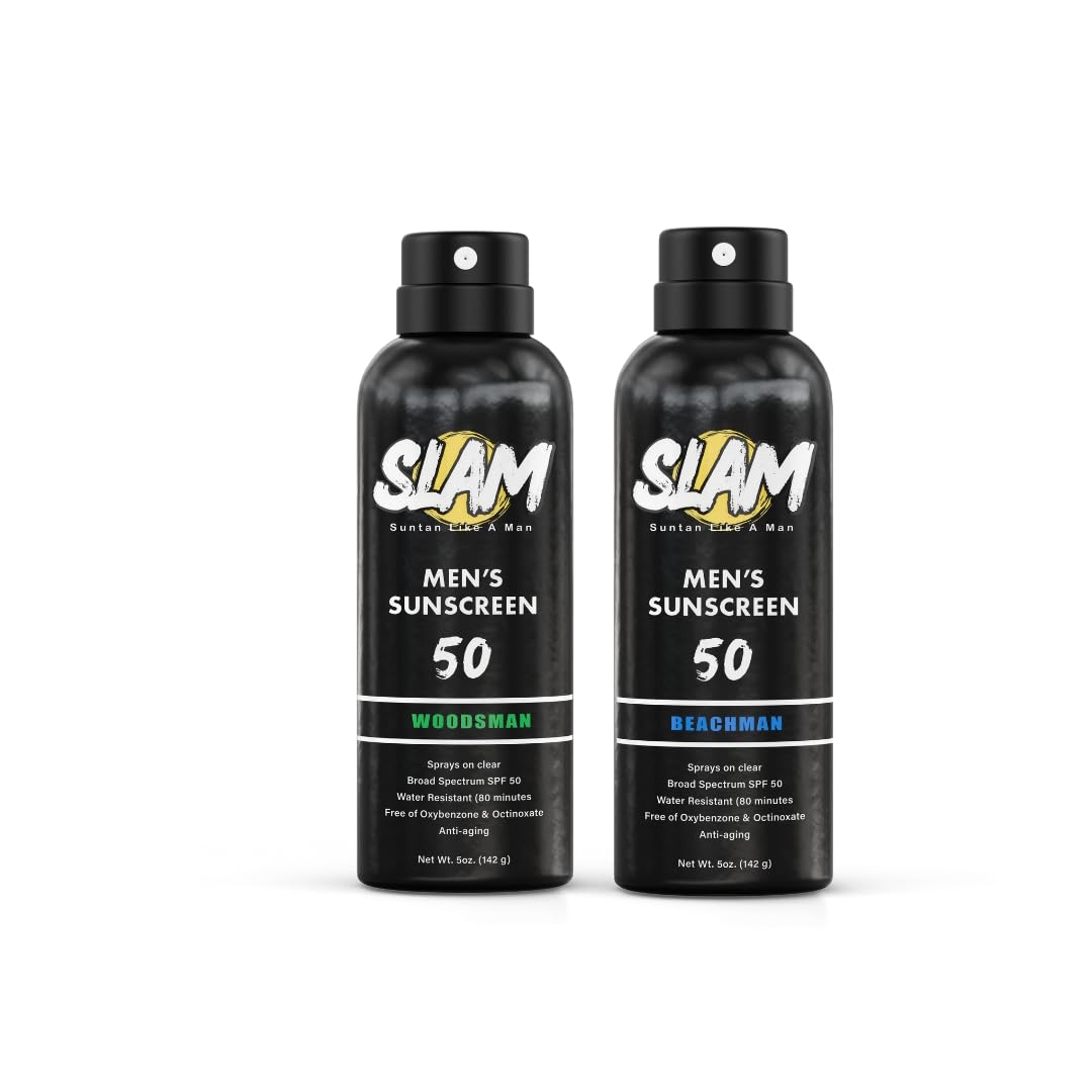 SLAM WoodsMan & BeachMan Bundle - Men's Scented Sunscreen, Men's sunblock, Men's Sunscreen Spray, Water Resistant, Paraben Free, Broad Spectrum UVA/UVB Sunscreen SPF 30, Sun Protection Factor 30